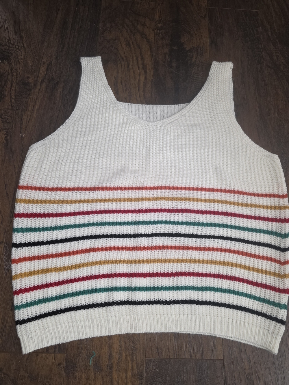 Cream Striped Knit Tank Top with Multicolor Bands